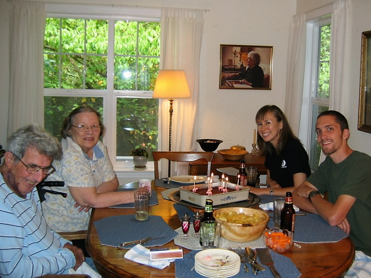 My house, Olympia Washington. My niece Michelle’s birthday. The candleholders were used on our cakes when we were little.  (From L clockwise) Dad, Mom, Michelle, her husband Josh. (2009)